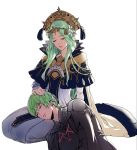  1boy 1girl armor byleth_(fire_emblem) byleth_eisner_(male) closed_eyes closed_mouth crown dallsosu dress fire_emblem fire_emblem:_three_houses flower green_hair hair_flower hair_ornament hand_on_another&#039;s_head highres lap_pillow long_hair rhea_(fire_emblem) short_hair simple_background sitting sleeping tiara white_background 