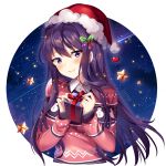  1girl artist_name bangs blush box breasts christmas closed_mouth collared_shirt commentary doki_doki_literature_club english_commentary eyebrows_visible_through_hair fur-trimmed_hat gift gift_box hair_between_eyes hat highres holding holding_gift long_hair long_sleeves print_sweater purple_hair red_headwear red_sweater santa_hat shirt sleeves_past_wrists small_breasts smile snowman_print solo squchan star sweater upper_body very_long_hair violet_eyes watermark web_address white_shirt yuri_(doki_doki_literature_club) 