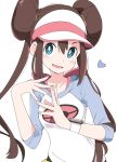  1girl blue_eyes blush brown_hair double_bun hair_between_eyes heart ixy long_hair looking_at_viewer mei_(pokemon) open_mouth pokemon pokemon_(game) pokemon_bw2 raglan_sleeves simple_background smile solo twintails upper_body visor_cap white_background 