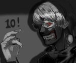  1boy akahara_(akaharaillust) bangs commentary_request eyepatch hand_up highres kaneki_ken male_focus mask monochrome mouth_mask portrait red_eyes shiny shiny_hair short_hair solo spot_color teeth_print tokyo_ghoul 