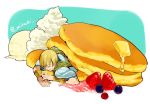  1boy blonde_hair bracelet butter closed_eyes earrings fate/grand_order fate_(series) food fruit ice_cream jason_(fate/grand_order) jewelry male_focus necklace pancake short_hair stack_of_pancakes strawberry whipped_cream 
