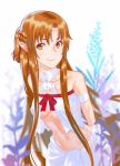  1girl armlet asuna_(sao) bangs bare_shoulders blurry blurry_background blurry_foreground bow braid breasts brown_hair commentary_request depth_of_field elf eyelashes flower highres leaning_forward long_hair looking_at_viewer medium_breasts navel open_clothes parted_bangs plant pointy_ears rapa_rachi red_bow see-through shiny shiny_hair shiny_skin shirt sidelocks signature simple_background skindentation smile solo sweat sword_art_online under_boob very_long_hair white_background white_shirt yellow_eyes 