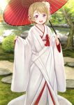  1girl :d ball bangs blush bride bridge brown_hair day embroidery eyebrows_visible_through_hair feet_out_of_frame flat_chest flower garden hair_flower hair_ornament holding holding_umbrella japanese_clothes kanzashi kimono koizumi_hanayo long_sleeves looking_at_viewer love_live! love_live!_school_idol_project namaru_(summer_dandy) open_mouth oriental_umbrella outdoors photo_background pond road short_hair sleeves_past_wrists smile solo standing stone sunlight swept_bangs tassel uchikake umbrella violet_eyes w_arms white_flower white_kimono 