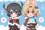  2girls adapted_costume animal_costume animal_ears antlers black_gloves black_hair black_mittens blonde_hair blue_eyes blush bow bowtie brown_capelet brown_coat brown_headwear capelet coat commentary_request ear_ribbon extra_ears eyebrows_visible_through_hair fur_trim gloves hair_bow kaban_(kemono_friends) kemono_friends lucky_beast_(kemono_friends) mittens multicolored_hair multiple_girls ransusan red_bow red_capelet red_coat red_neckwear reindeer_antlers reindeer_costume santa_costume serval_(kemono_friends) serval_ears serval_girl short_hair winter_clothes yellow_eyes 