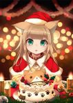 1girl 40hara :p animal_ear_fluff animal_ears aqua_eyes bangs blonde_hair blunt_bangs blurry blush bokeh cake candle capelet cat_ears cat_girl christmas christmas_ornaments collar commentary_request cream depth_of_field eyebrows_visible_through_hair food food_on_face hat highres kinako kinako_(40hara) long_hair looking_at_viewer original pet_collar red_capelet red_collar santa_costume santa_hat sitting solo tongue tongue_out