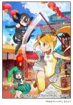  3girls animal_ears aye-aye_(kemono_friends) bangs bare_shoulders battle bike_shorts black_hair brown_eyes brown_hair chameleon_tail china_dress chinese_clothes closed_mouth company_name copyright day dress elbow_gloves extra_ears eyebrows_visible_through_hair fingerless_gloves gloves golden_snub-nosed_monkey_(kemono_friends) green_hair hair_between_eyes high_ponytail holding holding_staff holding_weapon hood hood_up kemono_friends kemono_friends_3 lemur_ears lemur_tail leotard looking_at_another low_ponytail midair monkey_ears monkey_tail multicolored_hair multiple_girls official_art open_mouth orange_hair outdoors panther_chameleon_(kemono_friends) pink_hair ponytail red_eyes serval_(kemono_friends) shorts shorts_under_skirt shuriken side_slit sign skirt sleeveless sleeveless_dress staff tail taku_(fishdrive) thigh-highs triangle_mouth v-shaped_eyebrows vest weapon zettai_ryouiki 