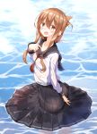  1girl :d ass bad_anatomy bad_ass black_sailor_collar black_skirt blush brown_eyes brown_hair commentary_request eyebrows_visible_through_hair folded_ponytail hair_between_eyes highres inazuma_(kantai_collection) kantai_collection long_hair long_neck long_sleeves neckerchief numpopo open_mouth partially_submerged pleated_skirt red_neckwear revision sailor_collar school_uniform serafuku skirt smile solo water 