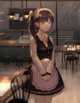  1girl alternate_costume apron black_dress black_hair butterfly_hair_ornament cafe chair collared_shirt commentary_request copyright_name counter cowboy_shot dress enmaided frilled_dress frills hair_ornament hands_together highres holding holding_tray indoors kimetsu_no_yaiba long_hair maid parted_lips shirt side_ponytail solo stool table tray tsuyuri_kanao violet_eyes waist_apron white_apron white_shirt wmax4235 