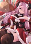  1girl absurdres bare_shoulders belt black_legwear blue_eyes blush box braid breasts christmas closed_mouth daweykun draph dress elbow_gloves fur-trimmed_dress garter_straps gift gift_box gloves granblue_fantasy hair_ornament hair_over_one_eye highres horns large_breasts lavender_hair long_hair looking_at_viewer low_tied_hair narmaya_(granblue_fantasy) red_dress sack sidelocks single_braid sitting thighs 