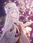  1girl azur_lane belt blurry blurry_background breasts cape character_name christmas cowboy_shot earmuffs enterprise_(azur_lane) enterprise_(reindeer_master)_(azur_lane) eyebrows_visible_through_hair fur_trim gloves hair_between_eyes high-waist_skirt highres long_hair long_sleeves looking_at_viewer medium_breasts open_mouth outstretched_arms pom_pom_(clothes) ribbed_sweater sash scarf silver_hair skirt smile snowman_hair_ornament solo straight_hair suprii sweater vest violet_eyes white_cape white_gloves white_headwear white_scarf 