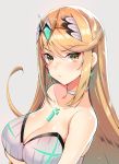  1girl akahito arm_support bare_arms bare_shoulders bed_sheet blonde_hair blush breasts closed_mouth commentary_request covered_navel earrings fingernails grey_background highres mythra_(xenoblade) jewelry large_breasts long_hair looking_at_viewer neon_trim nintendo one-piece_swimsuit shiny shiny_hair shiny_skin simple_background solo swimsuit thighs tiara xenoblade_(series) xenoblade_2 yellow_eyes 