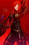  1girl armor armored_boots artist_request asymmetrical_bangs bangs belt black_gloves boots breasts cape chain collar collared_cape fate/grand_order fate_(series) gloves hair_over_one_eye hand_on_hip high_collar holding holding_sword holding_weapon katana large_breasts looking_at_viewer oda_nobunaga_(fate)_(all) oda_nobunaga_(maou_avenger)_(fate) parted_lips red_background red_cape red_eyes redhead shoes simple_background solo standing sword weapon 