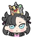  1girl :&lt; animal asymmetrical_hair bangs bkub black_hair black_jacket blue_eyes chibi cropped_torso dot_nose forehead hamster jacket jewelry leather leather_jacket mary_(pokemon) morpeko necklace pendant pink_shirt pokemon pokemon_(creature) pokemon_(game) pokemon_swsh seed shirt short_eyebrows simple_background twintails upper_body white_background 