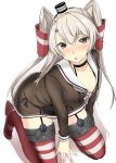  1girl amatsukaze_(kantai_collection) bangs black_panties blush breasts brown_dress brown_eyes collarbone dress eyebrows_visible_through_hair garter_straps gin&#039;ichi_(akacia) hair_tubes kantai_collection kneeling long_hair long_sleeves looking_at_viewer panties red_legwear sailor_collar sailor_dress see-through short_dress side-tie_panties silver_hair simple_background small_breasts solo striped striped_legwear thigh-highs two_side_up underwear white_background windsock 