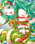  1girl box braid christmas_ornaments fire_emblem fire_emblem:_three_houses fire_emblem_heroes fur_trim gift gift_box green_eyes green_hair hair_ornament highres holding long_hair one_eye_closed open_mouth pointy_ears solo sothis_(fire_emblem) tiara twin_braids yuzuame_(capsuleflower) 