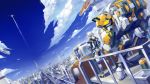  1boy armor city clouds from_behind hands_on_hips highres mecha original science_fiction sky souto_(0401) white_hair 