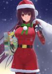  1girl breasts christmas dress fate/grand_order fate_(series) fur_trim gift gloves hat highres higofushi large_breasts long_hair looking_at_viewer night outdoors purple_hair red_dress red_eyes red_gloves ring_fit_adventure sack santa_costume santa_hat scathach_(fate)_(all) scathach_(fate/grand_order) smile snowing solo 