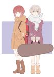  2girls alternate_costume ankle_boots blonde_hair blue_eyes blush boots brown_footwear coat eyebrows_visible_through_hair fringe_trim full_body grey_eyes grey_scarf hair_between_eyes hands_in_pockets highres holding kantai_collection knee_boots long_sleeves multiple_girls orange_coat purple_coat raguro redhead scarf short_hair standing z1_leberecht_maass_(kantai_collection) z3_max_schultz_(kantai_collection) 