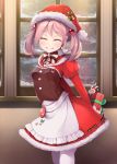  1girl apron arms_behind_back bangs blush breasts christmas closed_eyes dress eyebrows_visible_through_hair fur_trim gift grin hair_bobbles hair_ornament hat holding holding_gift indoors kantai_collection long_sleeves mofu_namako pantyhose pink_hair puffy_long_sleeves puffy_sleeves rabbit red_dress santa_hat sazanami_(kantai_collection) small_breasts smile snow solo white_apron white_legwear window 