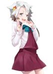  1girl akishimo_(kantai_collection) aqua_neckwear asymmetrical_bangs asymmetrical_hair bangs blush bow bowtie breasts brown_hair cowboy_shot eyebrows_visible_through_hair gradient_hair grey_eyes grey_legwear hair_ornament halterneck kantai_collection long_sleeves looking_at_viewer mofu_namako multicolored_hair open_mouth pantyhose school_uniform shirt short_hair_with_long_locks silver_hair simple_background smile solo standing upper_body v white_background white_shirt 