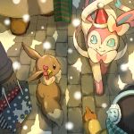  bag bell black_gloves black_hair blue_eyes bow brick_floor brown_eyes child closed_mouth commentary_request delibird earmuffs eevee from_above gen_1_pokemon gen_2_pokemon gen_6_pokemon gen_8_pokemon gloves hat holding holding_bag long_sleeves looking_at_another matsuri_(matsuike) orange_gloves outdoors people pointing pokemon pokemon_(creature) santa_hat shopping_bag smile snom snow snowing striped striped_bow sylveon winter 