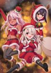  3girls alternate_costume black_hair black_legwear breasts brown_eyes chloe_von_einzbern christmas closed_eyes dark_skin dress elbow_gloves fate/kaleid_liner_prisma_illya fate_(series) fur-trimmed_dress fur-trimmed_hat fur-trimmed_hood fur-trimmed_skirt fur-trimmed_sleeves fur_trim gloves hat highres hood hood_up illyasviel_von_einzbern long_hair miniskirt miyu_edelfelt morokoshi_(tekku) multiple_girls navel one_side_up pink_hair red_dress red_eyes red_gloves red_headwear red_skirt sack santa_costume santa_hat skirt small_breasts striped striped_legwear tank_top thigh-highs white_hair 