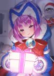 1girl bangs beanie blue_coat blue_dress blush bow commentary_request dress fate/grand_order fate_(series) fur-trimmed_dress fur_trim gloves hat helena_blavatsky_(christmas)_(fate) helena_blavatsky_(fate/grand_order) holding long_sleeves looking_at_viewer open_mouth purple_hair red_bow short_hair smile solo suzuho_hotaru violet_eyes 