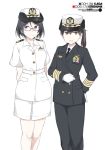  2girls alternate_costume black_hair black_neckwear brown_eyes brown_hair buttons epaulettes glasses gloves grey_eyes hair_between_eyes hat kaga_(kantai_collection) kantai_collection kirishima_(kantai_collection) long_sleeves military military_uniform multiple_girls naval_uniform necktie open_mouth peaked_cap short_hair short_sleeves side_ponytail smile souji uniform white_gloves 