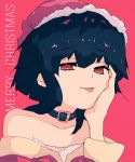  1girl :d bakadebiru bandages bare_shoulders black_hair brown_hair choker christmas collar dress hat kono_subarashii_sekai_ni_shukufuku_wo! looking_at_viewer megumin open_mouth red_dress red_eyes santa_hat short_hair smile solo tongue tongue_out 