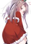  1girl angry black_legwear brown_eyes christmas commentary_request dress from_behind fur-trimmed_dress gedoo_(gedo) hair_ornament kantai_collection light_brown_hair long_hair looking_at_viewer looking_back mistletoe ponytail red_dress santa_costume santa_dress simple_background solo thigh-highs white_background zettai_ryouiki zuihou_(kantai_collection) 