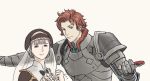  1boy 1girl armor blue_earrings bow brown_bow brown_eyes brown_headwear clenched_hand fire_emblem fire_emblem:_three_houses gauntlets looking_at_viewer merurulince_rede_arls sylvain_jose_gautier upper_body white_background windcaller 