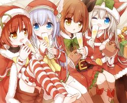  4girls :d ;d bangs barefoot belt belt_buckle black_legwear black_ribbon blue_eyes blue_hair bow box brown_belt brown_eyes brown_hair brown_shorts buckle chestnut_mouth commentary_request cup dress drink drinking_glass eyebrows_visible_through_hair fur-trimmed_dress fur-trimmed_hat fur-trimmed_legwear fur-trimmed_sleeves fur_trim gift gift_box green_bow grey_hair hair_between_eyes hair_ribbon hand_puppet hat holding holding_cup kneehighs knees_up leggings long_hair long_sleeves multiple_girls one_eye_closed open_mouth original pantyhose parted_lips puppet red_bow red_dress red_headwear red_skirt ribbon santa_costume santa_hat short_shorts shorts sitting skirt sleeves_past_wrists smile soles striped striped_legwear thigh-highs very_long_hair white_legwear wide_sleeves yuuhagi_(amaretto-no-natsu) 