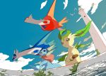  4others apios1 black_eyes blue_sky brown_eyes clouds dutch_angle fisheye head_fins highres latias latios leafeon lighthouse looking_down mermaid monster_girl moss multiple_others open_mouth pokemon sky smile split_tail stone_floor vaporeon water wingull yellow_eyes 