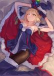  1girl armpits arms_up artoria_pendragon_(all) bangs blonde_hair boots breasts brown_legwear cape collarbone dress fate/stay_night fate_(series) fur-trimmed_cape fur-trimmed_dress fur_trim gloves hat high_heel_boots high_heels highres looking_at_viewer lying medium_breasts multicolored multicolored_cape multicolored_clothes ohland on_back pantyhose parted_lips purple_cape purple_dress purple_footwear purple_gloves purple_headwear red_cape saber_alter santa_alter santa_hat sidelocks solo strapless strapless_dress thigh-highs thigh_boots v-shaped_eyebrows yellow_eyes 
