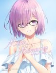  1girl bangs bare_shoulders breasts character_name collarbone copyright_name dress english_text face fate/grand_order fate_(series) glasses hair_over_one_eye looking_at_viewer mash_kyrielight short_hair short_sleeves skyrail smile solo teeth translated violet_eyes white_dress 
