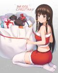  1girl absurdres ass back bag bangs bare_shoulders blunt_bangs blush bow breasts brown_hair christmas crop_top eyebrows_visible_through_hair feet fur_trim garter_straps gift gradient gradient_background highres legs_together long_hair looking_at_viewer looking_to_the_side merry_christmas midriff original qoray7 red_skirt ribbon sack seiza shoulder_blades sidelocks sitting skirt sleeveless smile solo stuffed_animal stuffed_bunny stuffed_toy teddy_bear thigh-highs white_legwear zettai_ryouiki 