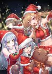  404_(girls_frontline) 4girls bangs bell black_legwear blunt_bangs blush breasts brown_hair choker collarbone crop_top dress eyebrows_visible_through_hair facial_mark fur-trimmed_gloves fur-trimmed_hat fur-trimmed_shorts fur_trim g11_(girls_frontline) girls_frontline gloves glowing glowing_eyes green_eyes groin hair_between_eyes hair_ornament hat highres hk416_(girls_frontline) holding hood hood_down jingle_bell long_hair looking_at_another looking_at_viewer medium_breasts multiple_girls navel one_side_up open_mouth potato_tacos red_dress red_eyes red_shorts santa_costume santa_hat scar scar_across_eye short_shorts shorts silver_hair smile stomach stuffed_animal stuffed_toy teardrop teddy_bear thigh-highs twintails ump45_(girls_frontline) ump9_(girls_frontline) 
