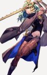  1girl armor black_shorts byleth_(fire_emblem) byleth_eisner_(female) cape dagger fire_emblem fire_emblem:_three_houses green_hair grey_background highres holding holding_sword holding_weapon medium_hair navel navel_cutout pantyhose parted_lips sheath sheathed short_shorts shorts simple_background solo sword vic weapon 