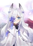 1girl animal_ear_fluff animal_ears azur_lane black_gloves blue_eyes blush commentary_request gloves highres japanese_clothes kasumi_(azur_lane) kimono long_hair long_sleeves looking_at_viewer ougi_(u_to4410) sleeves_past_wrists smile solo standing very_long_hair white_hair wide_sleeves 