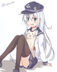  1girl animal black_headwear blue_eyes blush cat flat_cap hair_between_eyes hat hibiki_(kantai_collection) ido_(teketeke) kantai_collection long_hair open_mouth silver_hair solo 