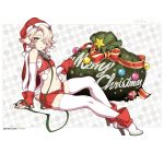  1other animal_ears bare_shoulders bell bell_collar bulge cape christmas collar detached_collar elbow_gloves fishine gloves hair_over_one_eye hat high_heels highres horns looking_at_viewer midriff navel open_mouth original red_nails sack santa_hat short_hair shorts thigh-highs white_gloves white_hair white_legwear yellow_eyes 