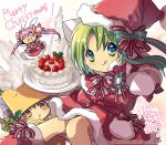  &gt;_&lt; 3girls :d animal_ears blue_eyes blush brown_eyes brown_hair capelet cat_ears chibi closed_mouth commentary dated dejiko di_gi_charat dress food fur_trim gema green_eyes green_hair hat highres holding holding_cake holding_food koge_donbo looking_at_viewer merry_christmas multiple_girls official_art open_mouth pink_hair puchiko rabbit_ears red_dress sack santa_costume santa_hat short_hair signature simple_background smile strawberry_shortcake tongue tongue_out twintails usada_hikaru watermark white_mittens xd 
