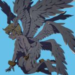  1boy akeru angel angel_wings anklet bare_shoulders barefoot between_legs blonde_hair blue_background blue_eyes bodypaint bracelet commentary_request digimon facepaint flying glowing glowing_eyes hand_between_legs head_wings jewelry lucemon male_focus multiple_wings seraph short_hair sideways_glance smile solo toga wings 