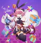  1boy absurdres astolfo_(saber)_(fate) bangs bare_shoulders black_bow black_gloves black_legwear black_ribbon blush bow bowtie commentary fate/grand_order fate_(series) gift gloves hair_bow hair_intakes hair_ribbon highres long_hair long_sleeves looking_at_viewer merry_christmas multicolored_hair one_eye_closed otoko_no_ko pink_hair ribbon riyu_(gauzama) smile solo streaked_hair thigh-highs twintails violet_eyes white_hair 