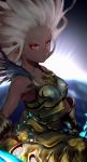  1girl absurdres armor armored_dress breastplate breasts commentary_request cowlick dark_skin densen_(itoguchi) dual_wielding eyeliner faulds forehead granblue_fantasy highres holding holding_weapon looking_at_viewer makeup medium_breasts red_eyes solo spiky_hair weapon white_hair zooey_(granblue_fantasy) 