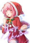  1girl absurdres blush cake christmas commentary doki_doki_literature_club english_commentary eyebrows_visible_through_hair food fork fur-trimmed_hat fur-trimmed_sleeves fur_trim hair_ornament hair_ribbon hairclip hat highres long_sleeves looking_at_viewer merry_christmas natsuki_(doki_doki_literature_club) open_mouth pink_hair plate pom_pom_(clothes) red_eyes red_headwear red_ribbon ribbon santa_dress santa_hat short_hair solo thigh-highs tongue twitter_username two_side_up white_legwear wide_sleeves yu_cha 
