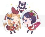  2girls :&gt; ;d abigail_williams_(fate/grand_order) bangs black_bow black_legwear blonde_hair bow capelet chibi dress elbow_gloves eyebrows_visible_through_hair fake_facial_hair fake_mustache fate/grand_order fate_(series) flower fur-trimmed_capelet fur-trimmed_gloves fur-trimmed_hat fur_trim gloves grey_background hair_bow hair_flower hair_ornament hat highres katsushika_hokusai_(fate/grand_order) long_hair multiple_girls no_shoes one_eye_closed open_mouth orange_bow pantyhose parted_bangs polka_dot polka_dot_bow purple_hair red_capelet red_dress red_flower red_gloves red_headwear red_rose rose santa_costume santa_hat smile standing star tokitarou_(fate/grand_order) totatokeke two-tone_background v very_long_hair violet_eyes white_background 