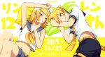  2019 bangs bare_shoulders black_collar black_shorts blonde_hair blue_eyes blush bow character_name collar commentary crop_top dated grin hair_bow hair_ornament hairclip hand_on_own_chin hand_on_own_head hand_up happy_birthday kagamine_len kagamine_rin knees_up looking_at_viewer lying midriff nail_polish navel neckerchief necktie nokuhashi on_back on_side one_eye_closed pillow sailor_collar school_uniform shirt short_hair short_ponytail short_shorts short_sleeves shorts shoulder_tattoo sleeveless smile spiky_hair swept_bangs tattoo upper_body vocaloid white_bow white_shirt yellow_nails yellow_neckwear 
