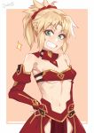  1girl :d bandeau bare_shoulders blonde_hair border breasts cowboy_shot darahan detached_arm fate/grand_order fate_(series) green_eyes hand_on_hip looking_at_viewer midriff mordred_(fate)_(all) navel open_mouth outside_border red_scrunchie scrunchie short_ponytail small_breasts smile solo tan_background teeth white_border 