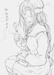  1girl blindfold contemporary dark_souls_iii fire_keeper gloves greyscale long_hair monochrome school_uniform serafuku shinoharatotsuki simple_background sitting sketch souls_(from_software) spoon white_background white_gloves 